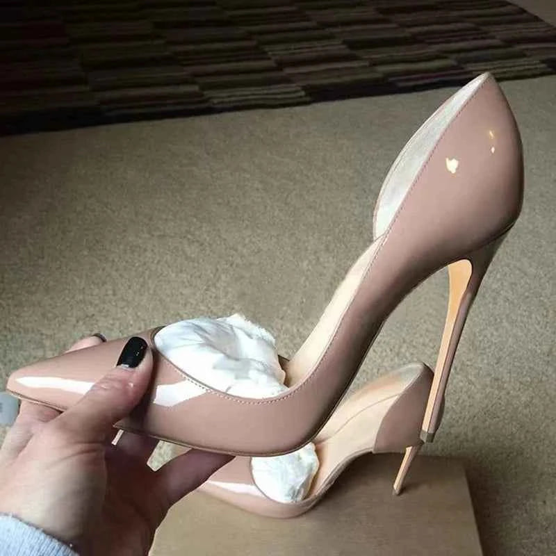 Tikicup Solid Nude Patent Women Pointy Toe Stiletto High Heels Slip On OL Wedding Party Dress Shoes Elegant Ladies Formal Pumps