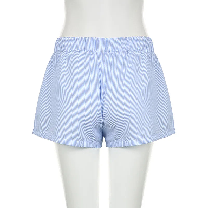 Striped Print Casual Shorts for Women Elastic Waist Fashion Button Bottoms Streetwear Chic Basic Y2K Loose Shorts