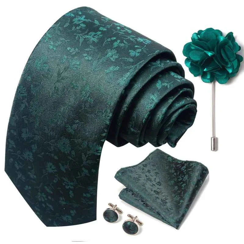 Luxury Mens Ties Floral Black Gold Ties Paisley NeckTie Pocket Square Cufflinks Brooch Set Men's Wedding Party Tie