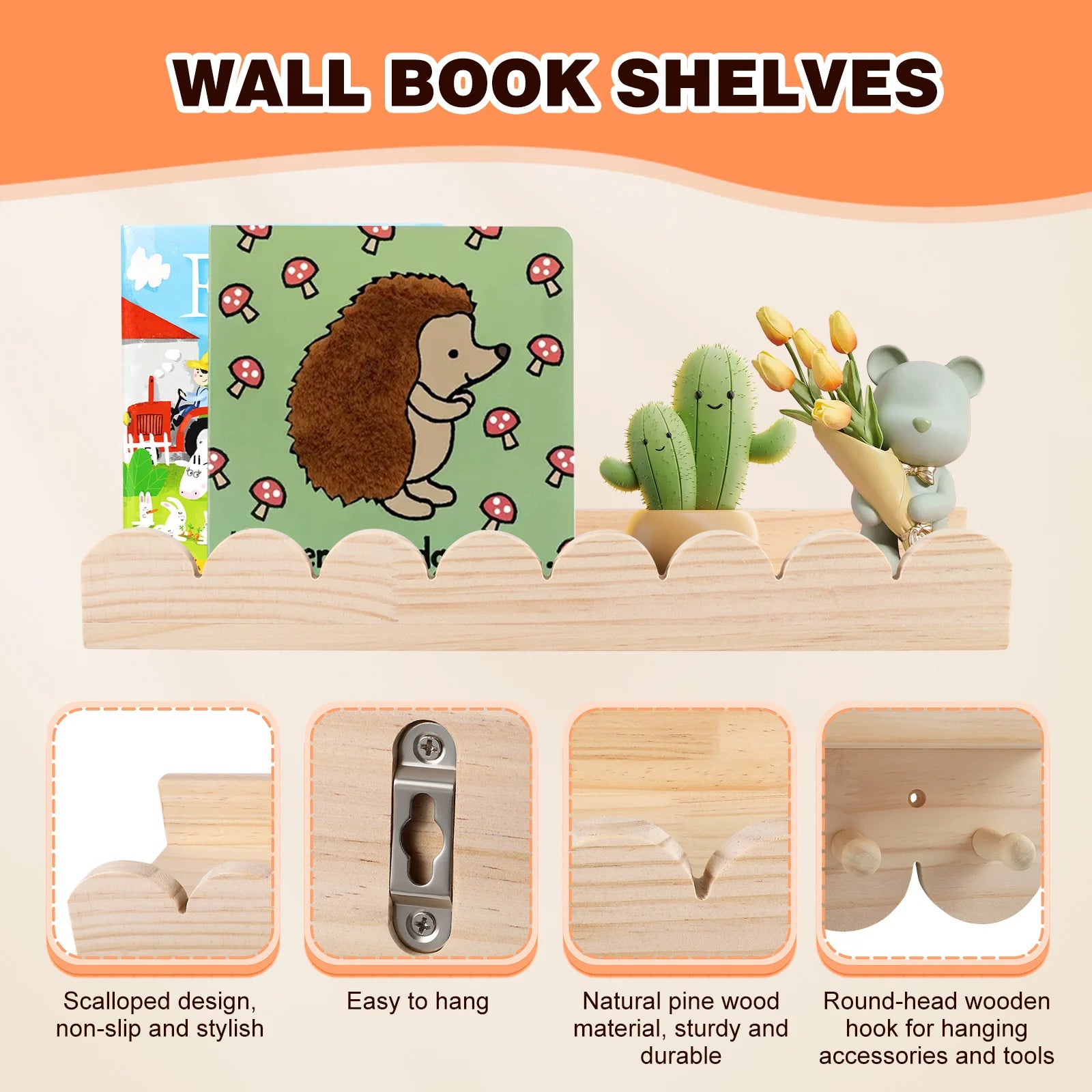 3pcs Children's Bookcases Bookshelf 40cm Wall Shelves Hanging Floating Montessori Shelf for Kid's Books Toys