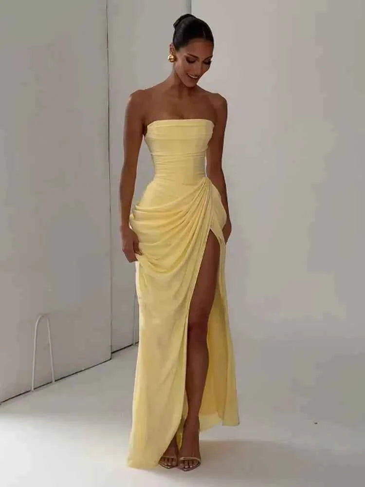 Women Sexy Solid Pleated Strapless Dress Lady Chic Off-shoulder Backless High Waist Split Dresses  Evening Party Gown 2026 New