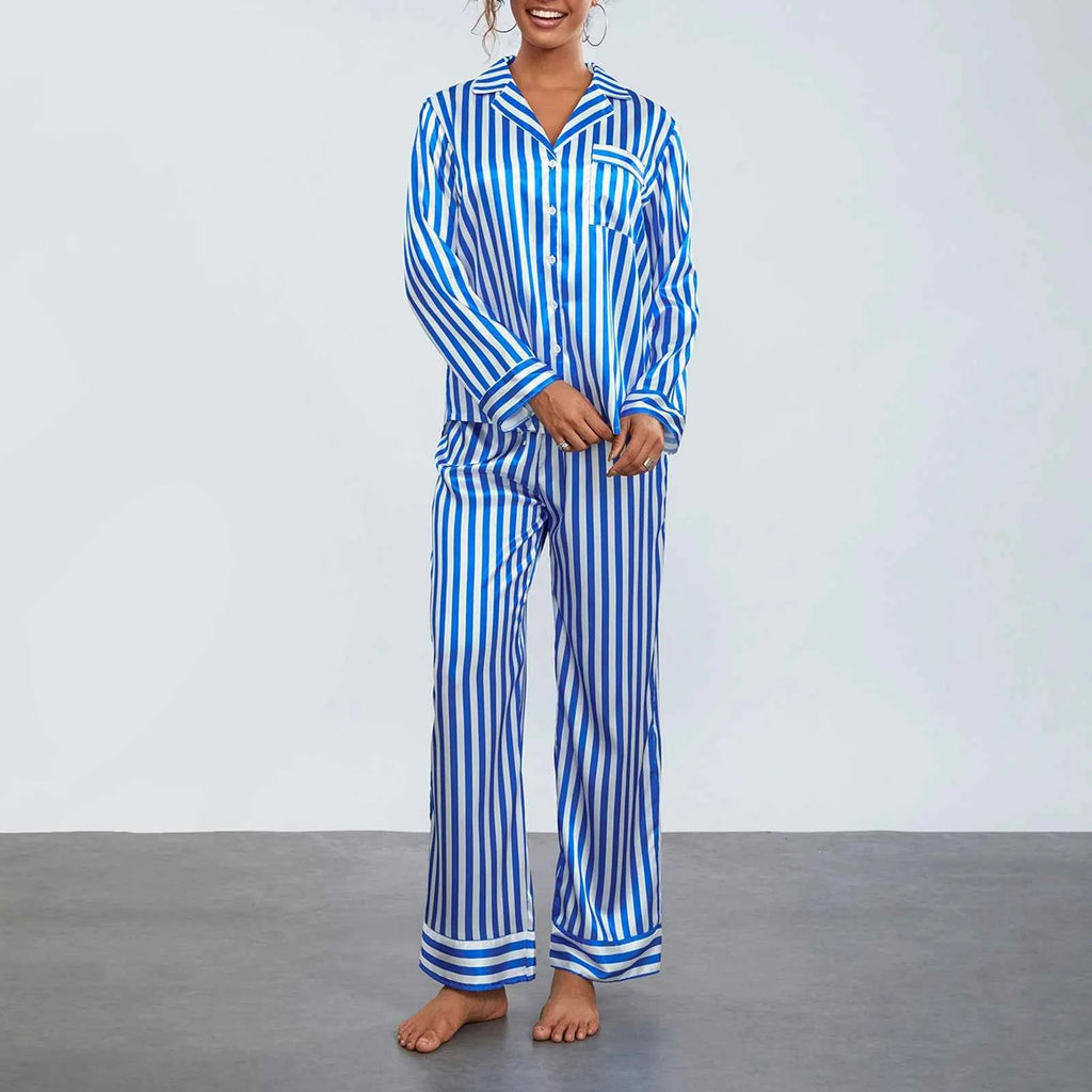 2024 Women Christmas Pajama Sets Striped Long Sleeve Satin Button Shirts with Wide Leg Long Pants Nightwear Sleepwear Loungewear