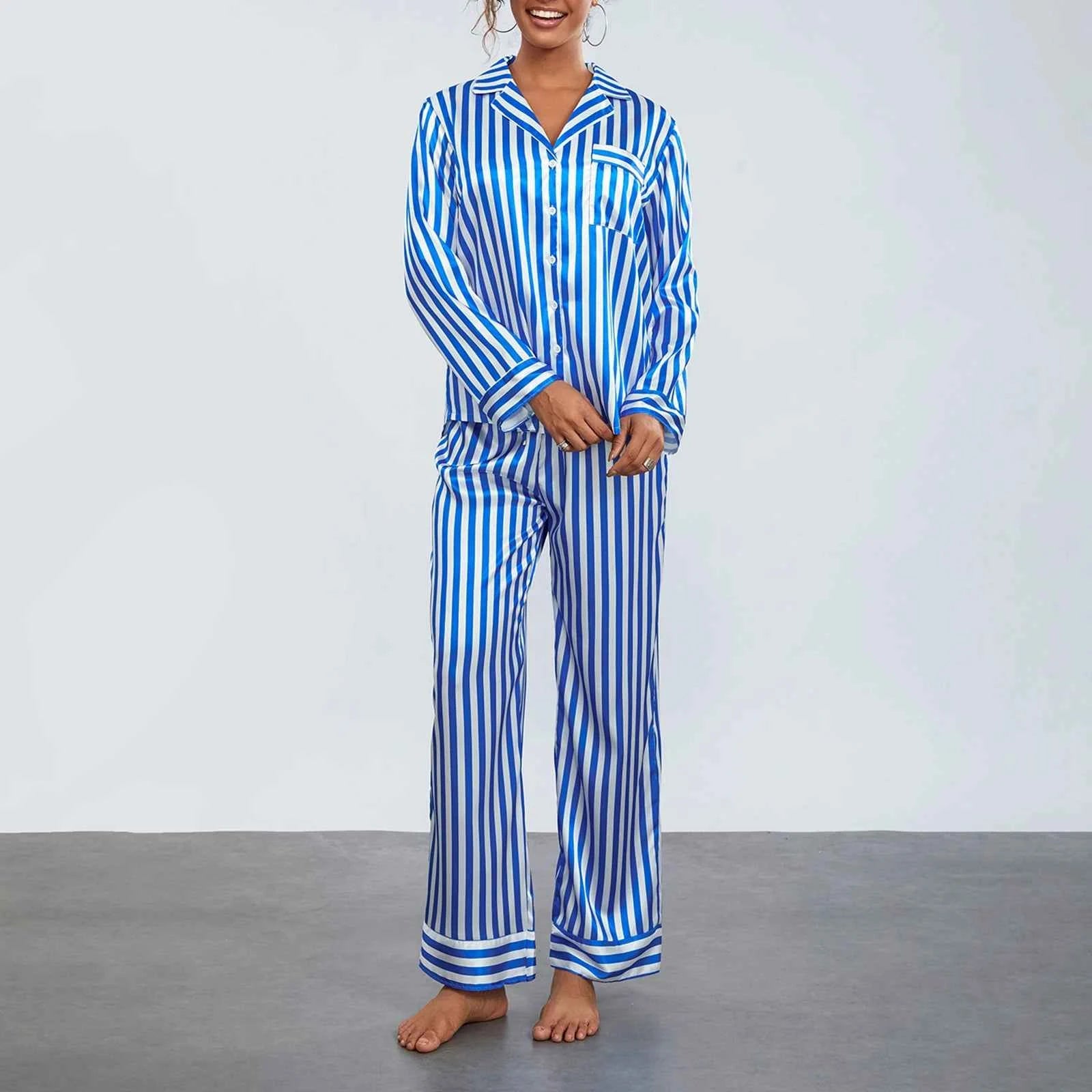 2024 Women Christmas Pajama Sets Striped Long Sleeve Satin Button Shirts with Wide Leg Long Pants Nightwear Sleepwear Loungewear