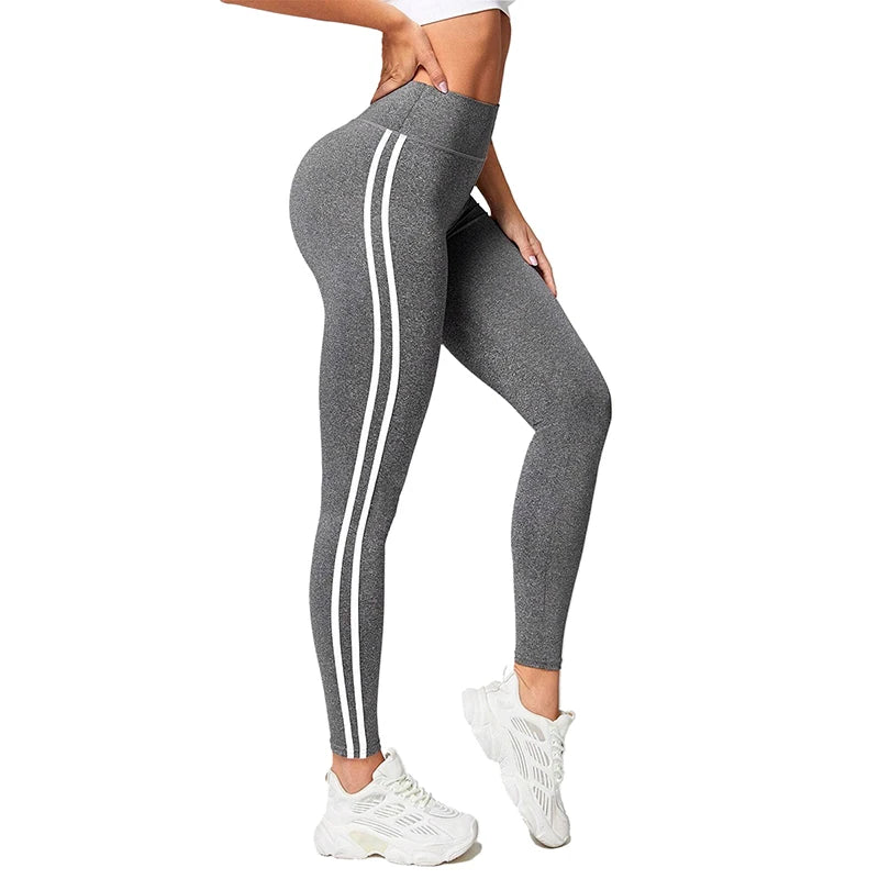 Womens High Waist Striped Yoga Leggings Butt Lifting Stretchy Breathable Tummy Control Soft Workout Pants for Gym Running