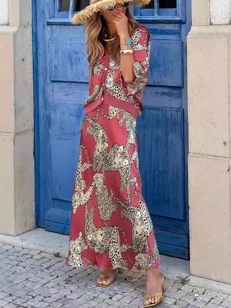 2024 Autumn New Women's Elegant Printed Leopard Pattern Fashion Two Piece Set V-neck Single Breasted Sexy Shirt Long Skirt Set