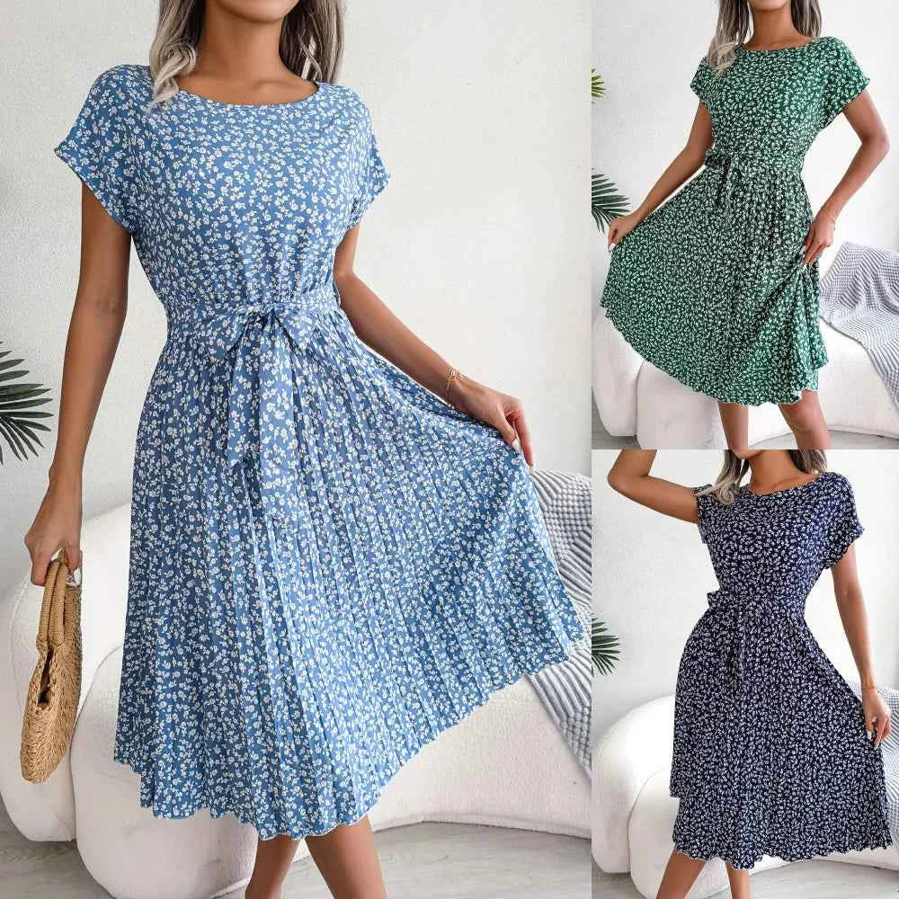 Ficusrong Fashion Floral Pleated A Line Long Dress Women Spring Summer Short Sleeve High Waist Chic Dress