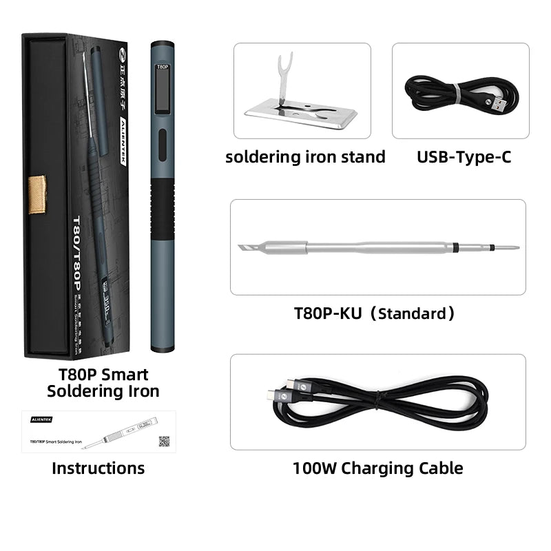 ALIENTEK T80/T80P Electric Soldering Iron Adjustable Temperature 100W Fast Heat Portable Digital Smart Welding Station C210 C245