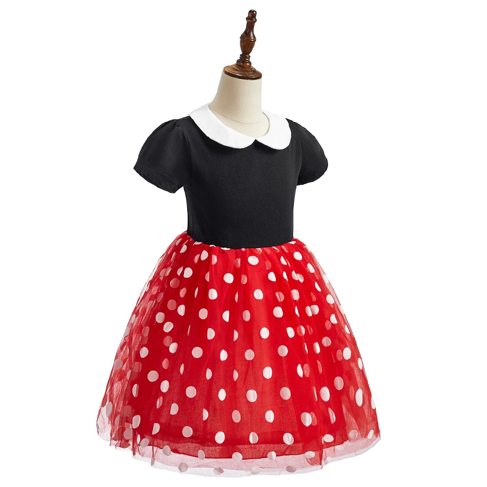 Children Casual Clothes Summer Short Sleeve Dots Girls Dress Kids Peter Pan Collar Cute Birthday Costume with Mouse Ear Headband