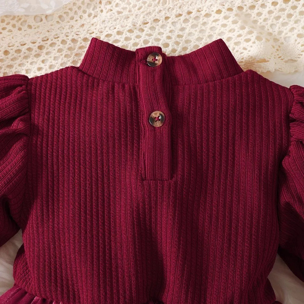 Princess Dress for 0-3Years Toddler Baby Girl Long Sleeve Bow Belt Red Velvet Soft Fabric Elegant Daily Wedding Party Clothing