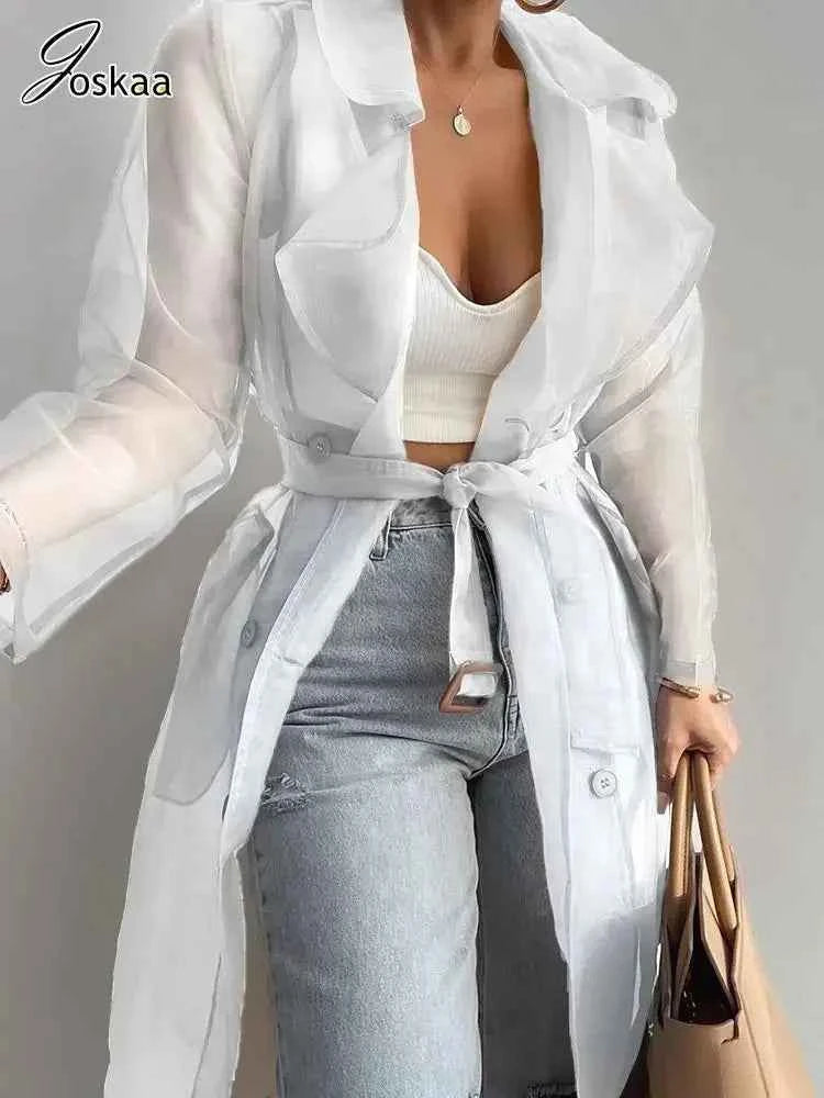 Joskaa Solid Organza See Through Lapel Full Sleeve Trench 2023 Summer Women Fashion Buttoned Coat with Belt Elegant Shirts