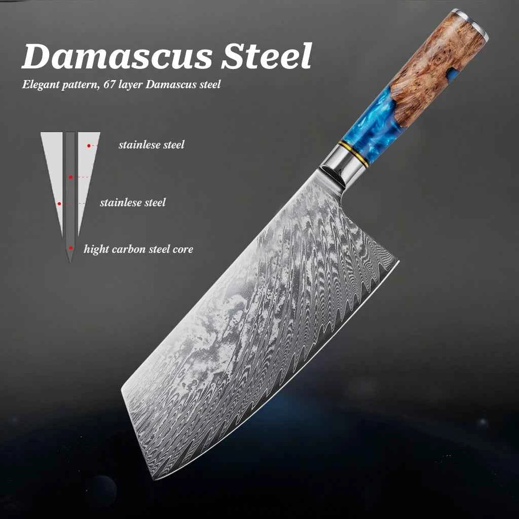 1-8pcs Professional kitchen knife set Damascus Steel Set for Meat Cutting Sushi Peeling and Boning Blue Resin Wood Handle