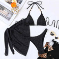 Sexy Black Shiny Swimwear Sarong String Halter Triangle Bikinis Sets 3 Pieces Rhinestone Swimsuit Women 2026 Bather Beachwear