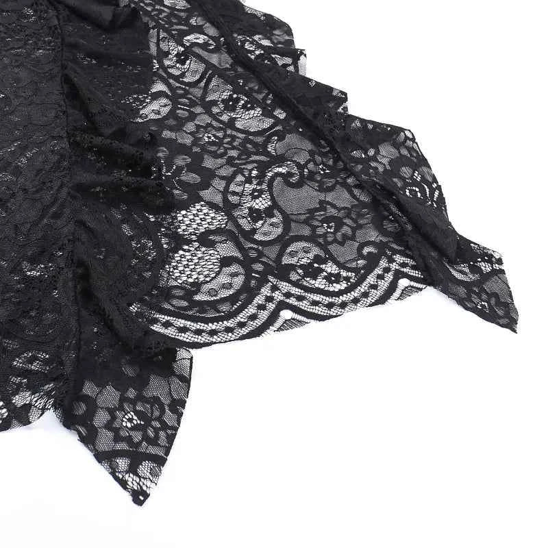 Gothic Classic Lace Cover Ups Women Mesh Crop Top See Through Sexy Flare Sleeve Blouse Y2k Black Rave Outfit Festival
