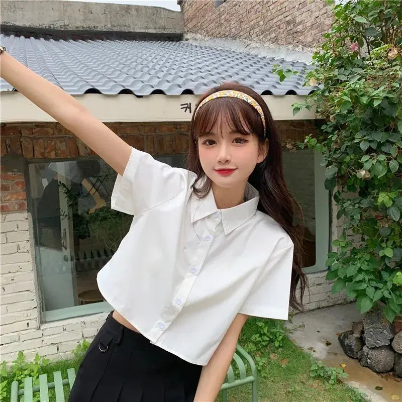 Oversize Cropped White Shirt Women Summer Short Sleeve Polo Neck Button Down Basic Short Sleeve Shirts Korean Female Blouses