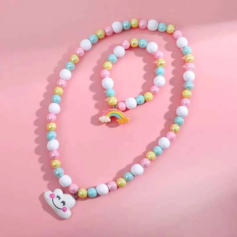2pcs Colorful Cartoon Unicorn Flower Animal Child Sweater Necklace Bracelet Girl's Gifts Children's Jewelry Kids Toys