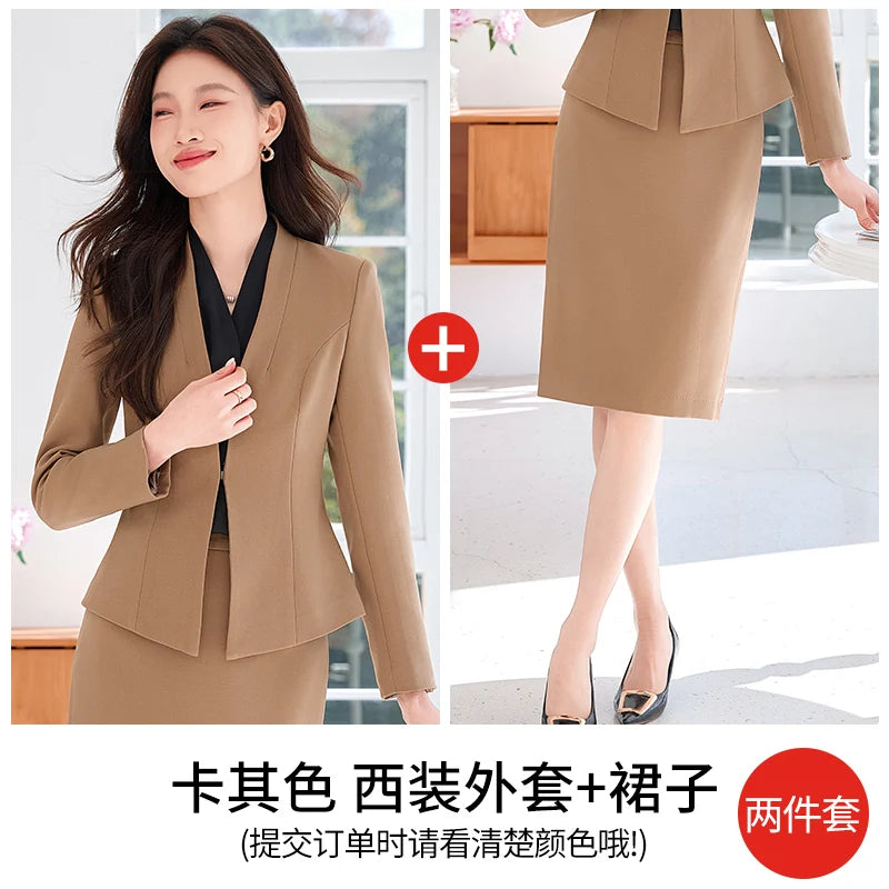 AIyssa Fashionable classic long-sleeved suit set, office business women's clothing, high-quality two-piece suit jacket + skirt.