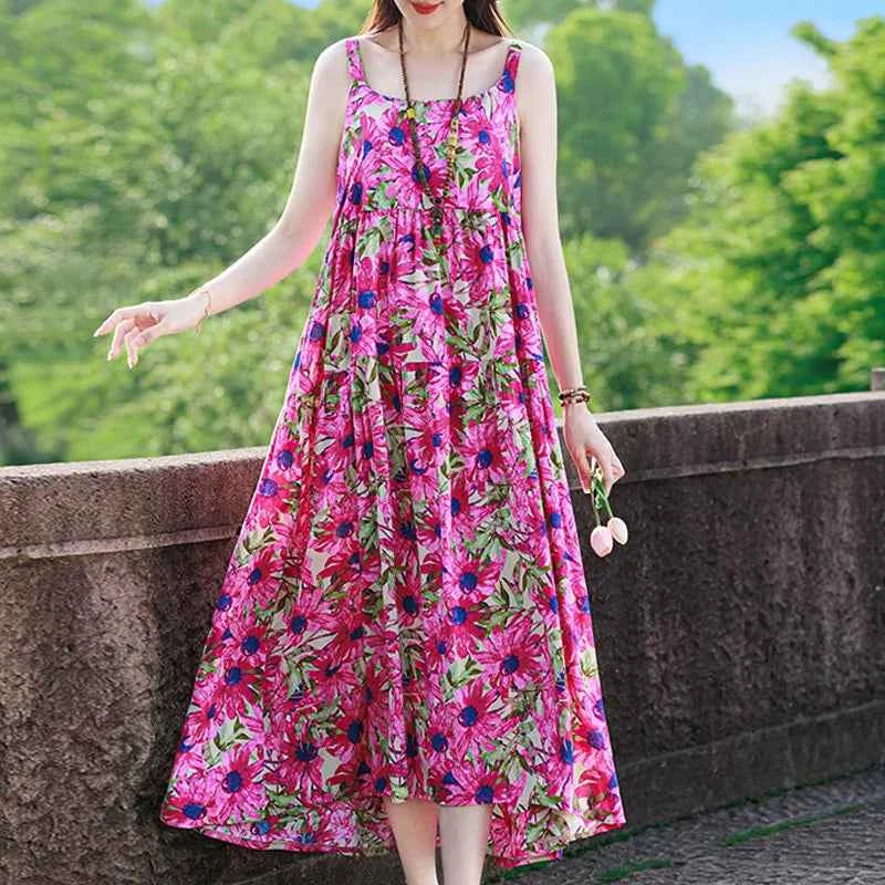 New Fashion Casual 2025 Summer Elegant Dresses For Women O-Neck Print Vintage Sleeveless Dress Loose Women Clothing