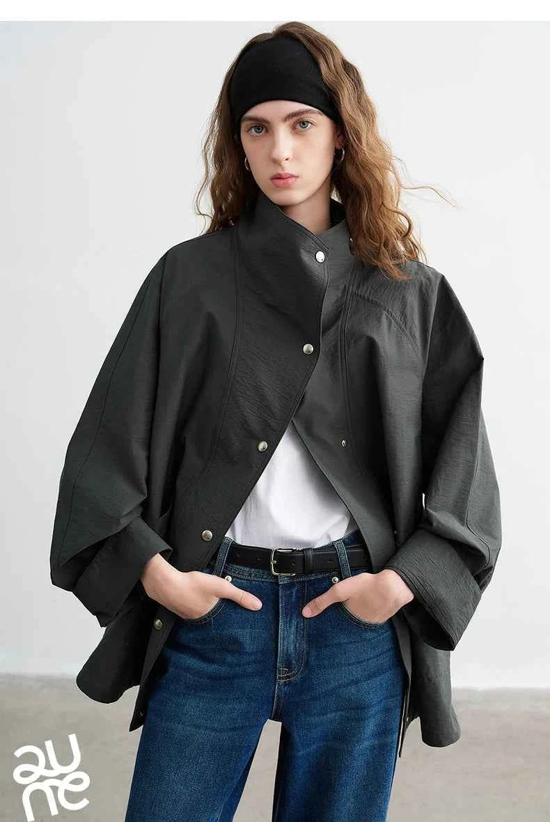 TOYOUTH Women's 2026 Spring New Loose Stand-Collar Utility-Style Lightweight Jacket Coat with Slub Wrinkle Texture