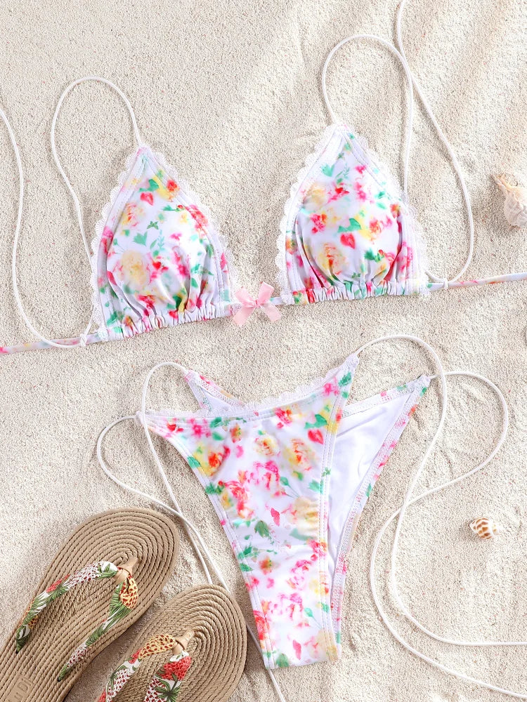 ZRTAK Triangle Bikini Set Sexy Swimwear Women 2026 Bikinis Floral Print Swimsuit Micro Thong Bandage Bathing Suits