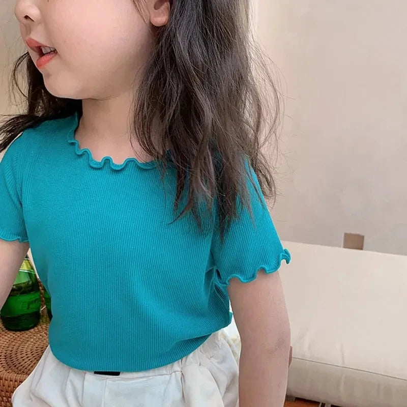 Girls' Casual Ice Silk Short-Sleeve T-Shirt, New Korean Style Children's Ruffled Top, Solid Color, Simple and Versatile