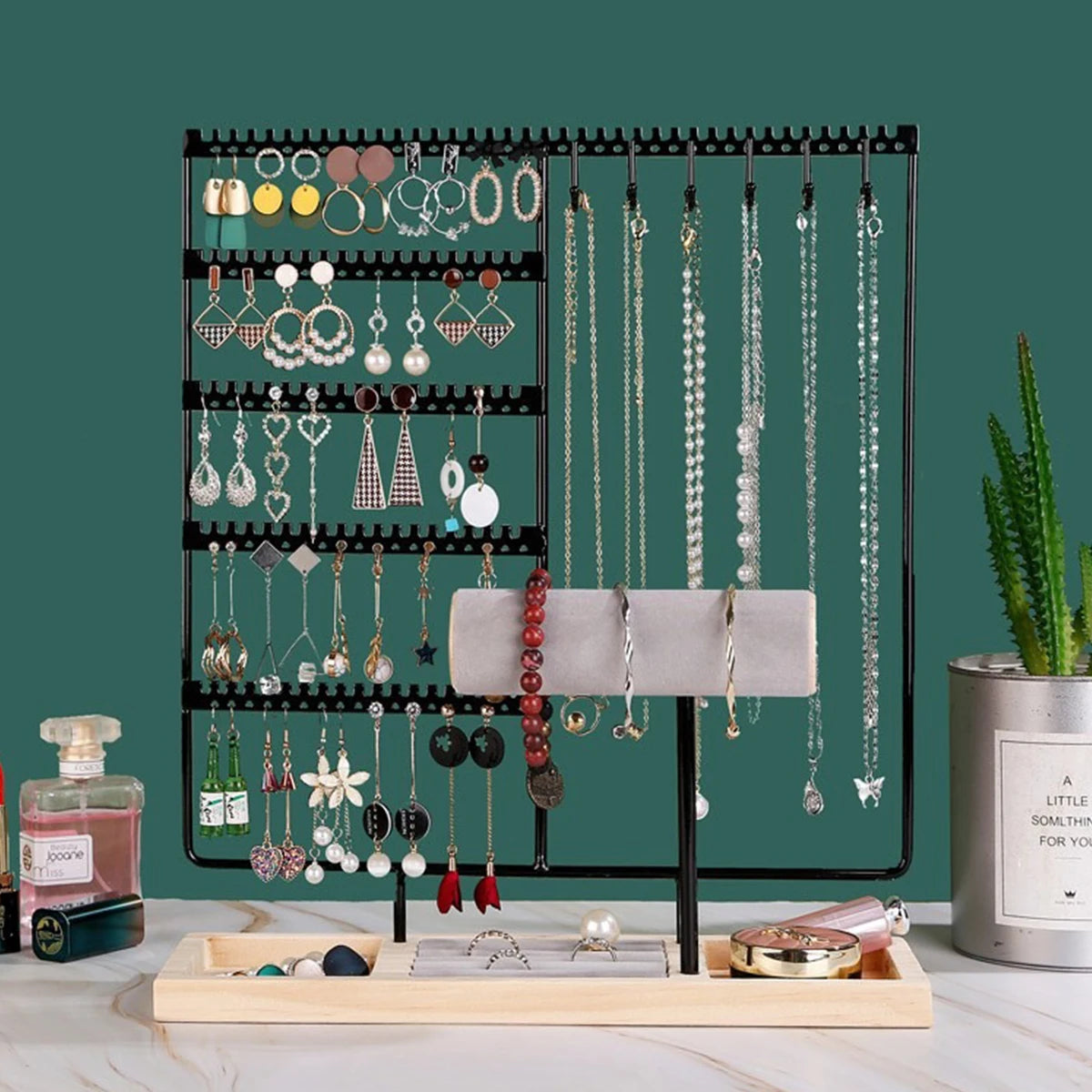 Metal Jewelry Organizer Stand with Wooden Tray - Multi-Functional Storage for Earrings, Necklaces, Bracelets & Rings