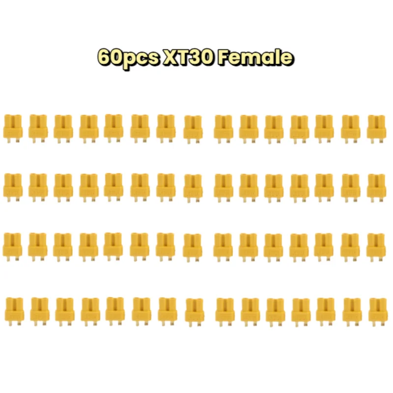 60pcs XT30 Male/Female Bullet Connector Pairs for RC Lipo Battery Motor 15A/30A 18AWG Yellow Plug for Quadcopter FPV Drone