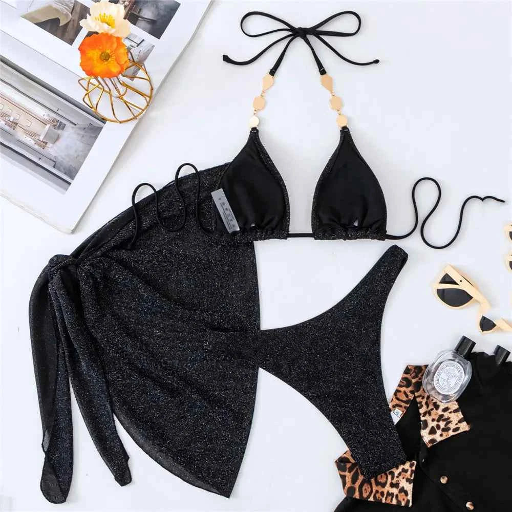 Sexy Black Shiny Swimwear Sarong String Halter Triangle Bikinis Sets 3 Pieces Rhinestone Swimsuit Women 2026 Bather Beachwear