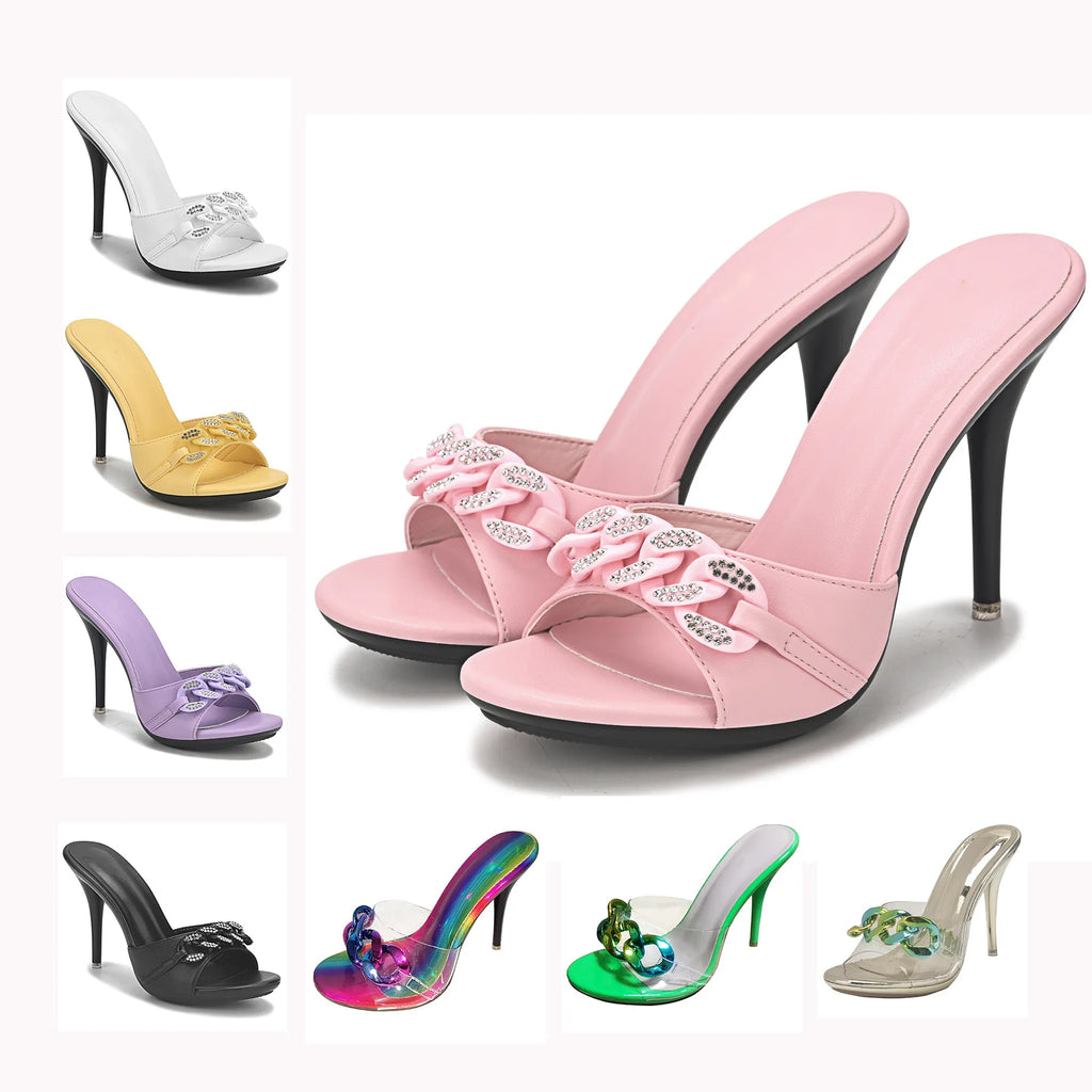 2022 New Diamond Chain Women Pumps Slippers Thin High Heels Party Shoes Fashion Solid Color Summer Dress Sandals Shallow Mouth