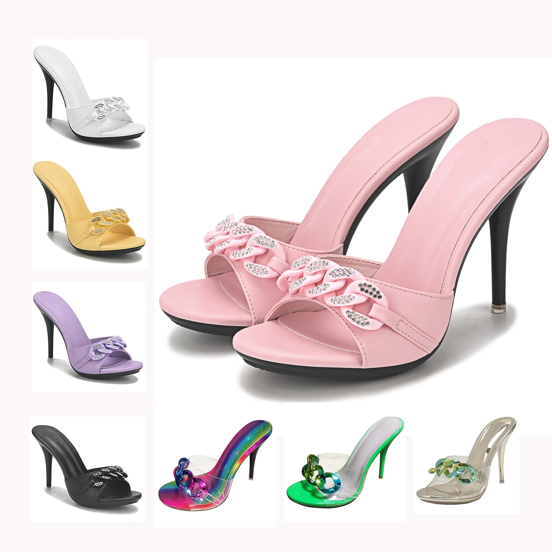 2022 New Diamond Chain Women Pumps Slippers Thin High Heels Party Shoes Fashion Solid Color Summer Dress Sandals Shallow Mouth