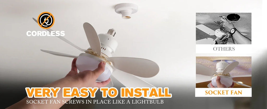 LED Socket Fan Light with Remote Small Ceiling Fan with Light, Cordless Light Socket Fan for Kitchen Bedroom Small Room