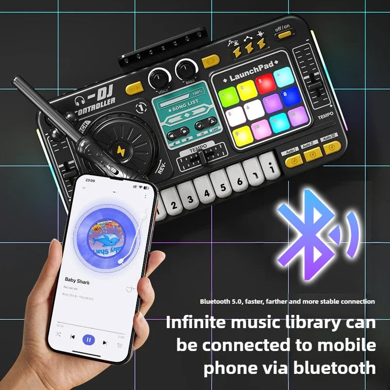 Kids DJ Controller Music Toy Mixer with Microphone LED Light Electronic Music Game DJ Turntable for Children Birthday Gifts