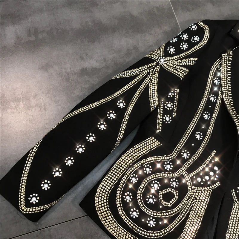 DEAT 2024 New autumn Turn-down Collar Full Sleeves Metal Beaded No Buttons Short jackets Female Single Suit WF18501L Black