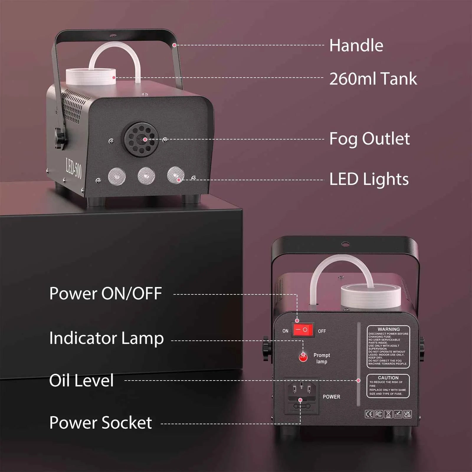U'King 500W Smoke Machine RGB 3 LED Mixed Color Fog Machine with Remote Control Stage Smoke Ejector for DJ Halloween Christmas
