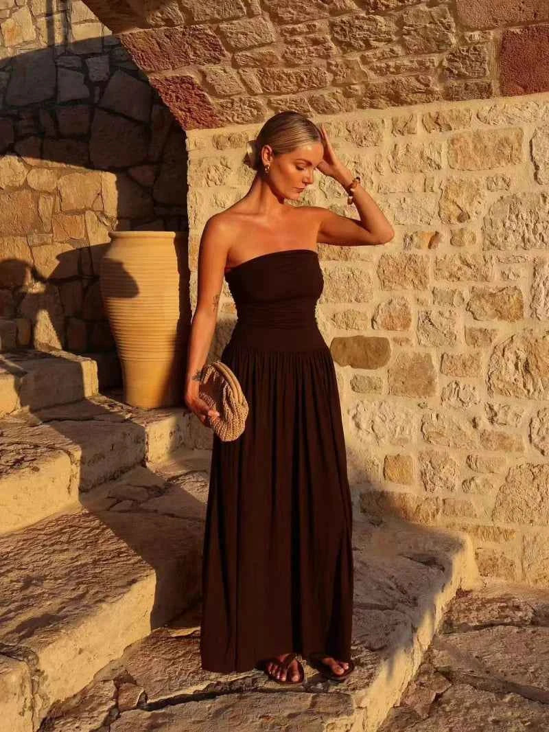 ETJ 2025  women's new dress elegant sexy off-shoulder fashion pleats details slimming strapless dress