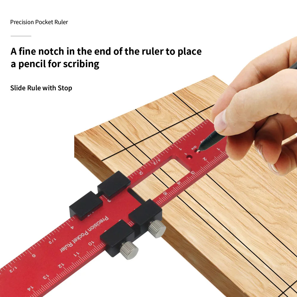 Woodworking Tools Ruler - Pocket Ruler Layout Tool Aluminum Precision Ruler with T-Track Metal Slide Stops,Inch and Metric Scale