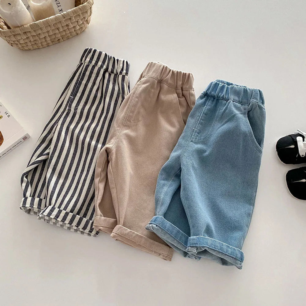 New Autumn Kids Tapped Casual Striped Pants 0-5T Girls Boys Fashion Stripe Trousers Children Solid Denim Jeans Britches
