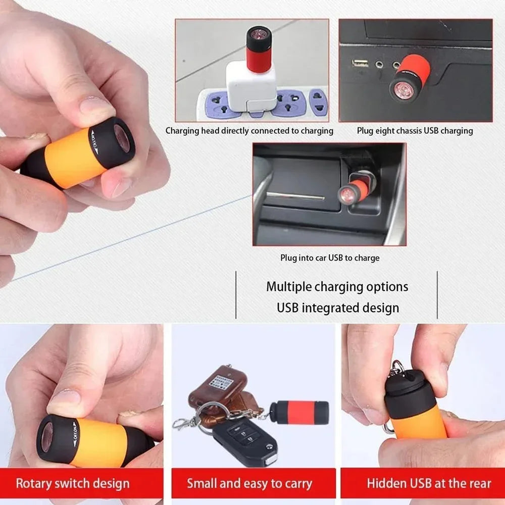 USB Rechargeable LED Pocket Keychain Flashlight Multifunctional Strong Light Waterproof for Outdoor Hiking Camping Mini