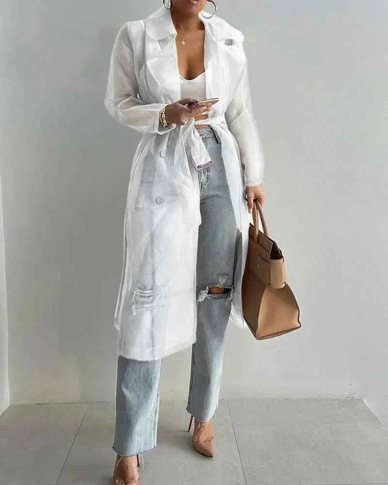 Joskaa Solid Organza See Through Lapel Full Sleeve Trench 2023 Summer Women Fashion Buttoned Coat with Belt Elegant Shirts