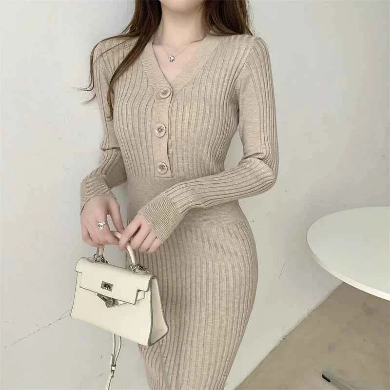 Autumn Winter Sweater Dress For Women 2024 New Arrivals Buttons Up V Neck High Waist Long Knitted Dress Korean Maxi Dresses