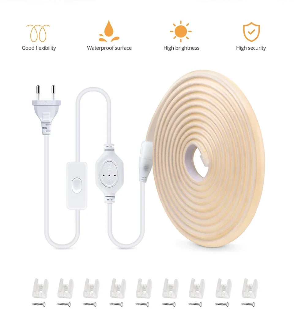 110V 220V Cob LED Strip Light Super Bright Waterproof with EU US Power Supply Switch 288 LEDS/m Warm/Neutral/White Outdoor Decor