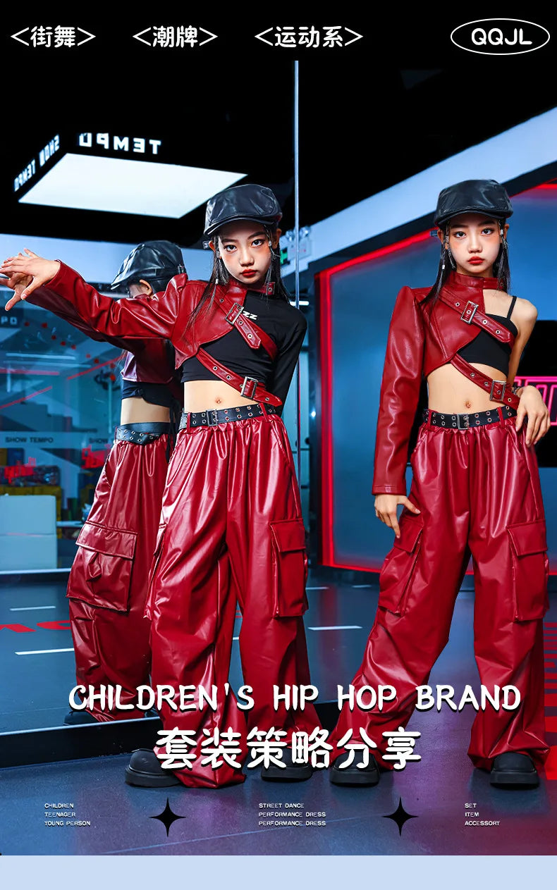 Kid Hip Hop Clothing T Shirt Crop Top Wine Red Arm Sleeve Faux Leather Casual Cargo Pants for Girl Jazz Dance Costumes Clothes