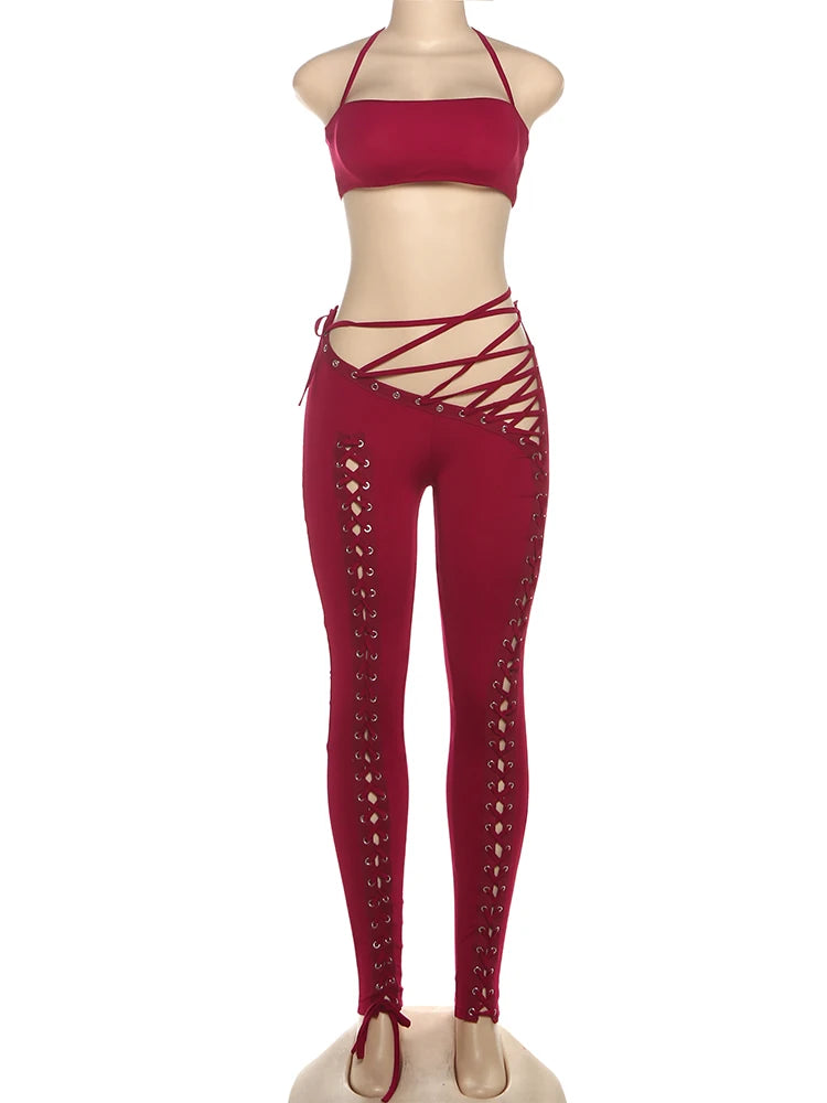 Weird Puss Sexy 2piece Set Women Hipster Halter Camisole+Shirring Hollow Pants Midnight Matching Stretch Clubwear Skinny Outfits