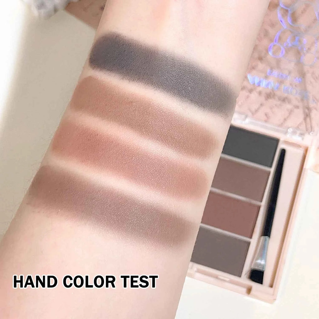 A set of 4-color eyebrow powder trays with brushes in gray and brown matte tones for long-lasting color rendering, filling and s