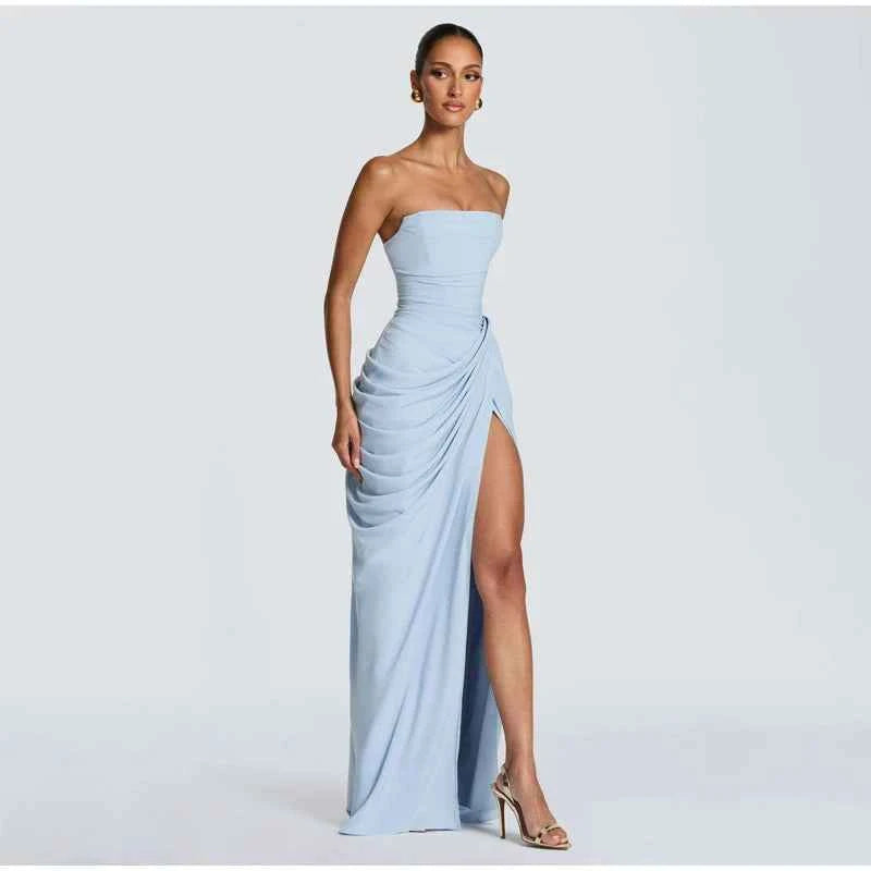 Lady Sexy Strapless Split Solid Pleated Dress Women Chic Backless High Waist Off-shoulder Dresses 2026 New Evening Party Gowns