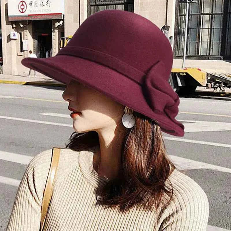 Women Elegant Wool Felt Fedoras Hat Autumn Winter Warm Solid Color Bow Bucket Dome Cap Ladies Fashion Retro Church Top Hats