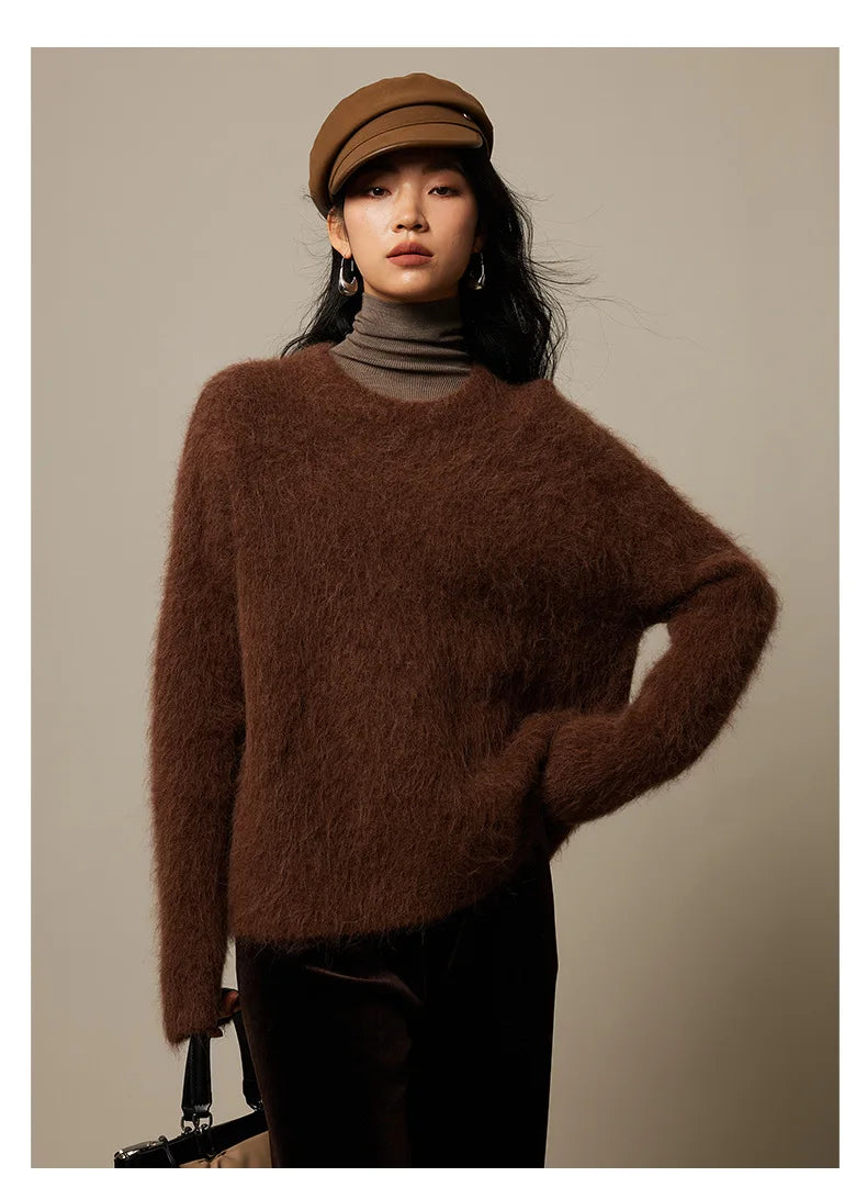 SuyaDream Warm Alpaca Pullovers for Woman, Dropped Sleeved Loose Sweaters, 2025 Fall Winter Top, Camel, Beige