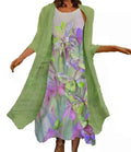 2024 Europe and the United States spring and summer new women's two-piece set of printed round neck long skirt chiffon pocket ou