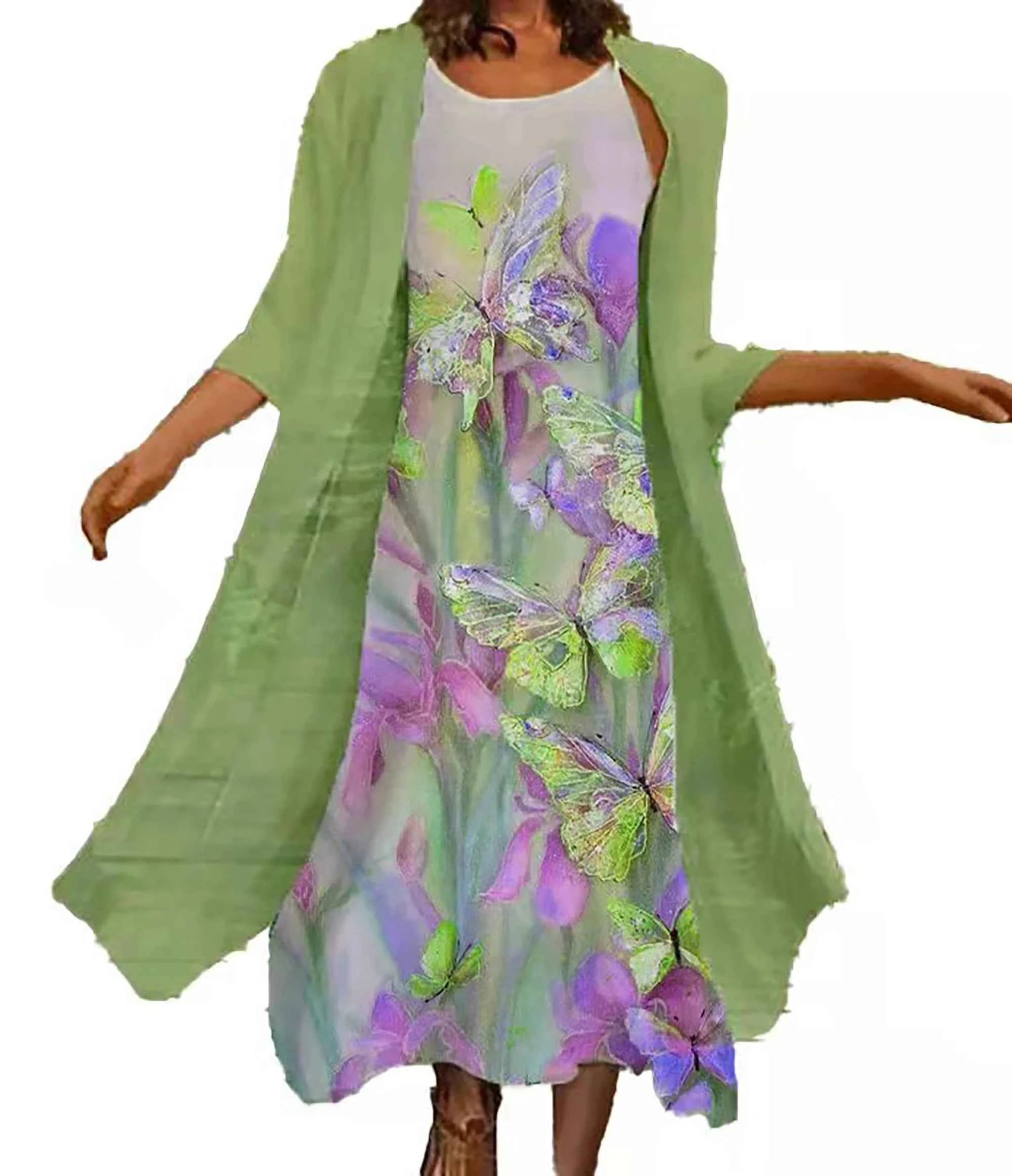2024 Europe and the United States spring and summer new women's two-piece set of printed round neck long skirt chiffon pocket ou