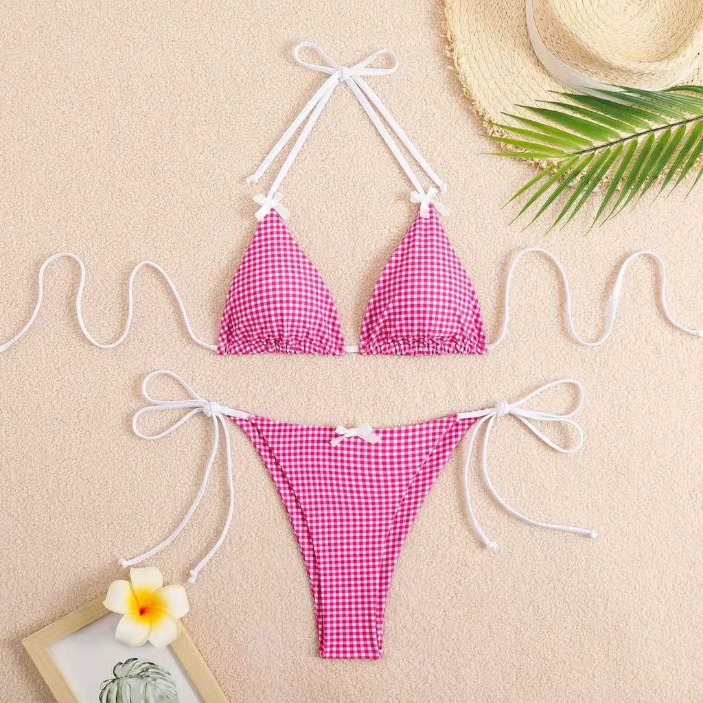 Circyy 2026 Bathing Suit Women Plaid Dot Split Swimsuit Neck-mounted Bow Tie Beachwear Vintage Simple Two-piece Bikinis Summer
