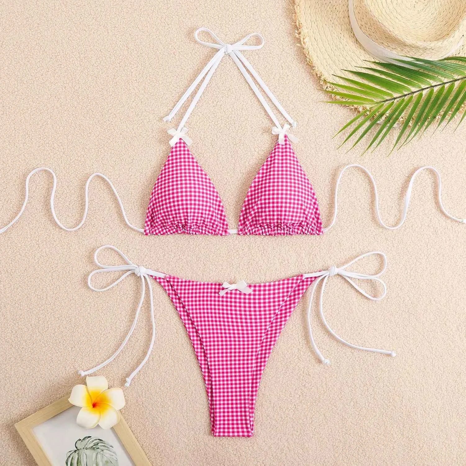 Circyy 2026 Bathing Suit Women Plaid Dot Split Swimsuit Neck-mounted Bow Tie Beachwear Vintage Simple Two-piece Bikinis Summer